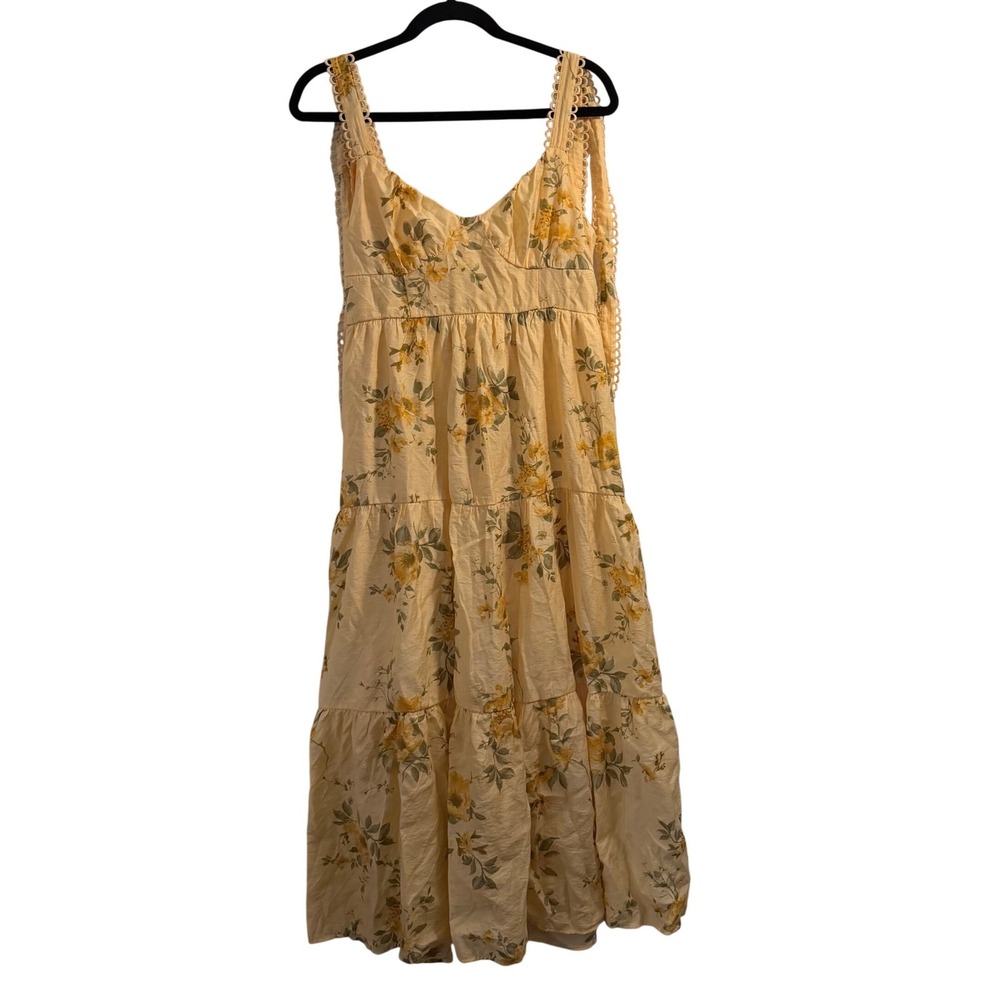 Blu Pepper Yellow Floral Tiered Midi Dress Lace Strap Boho Size L